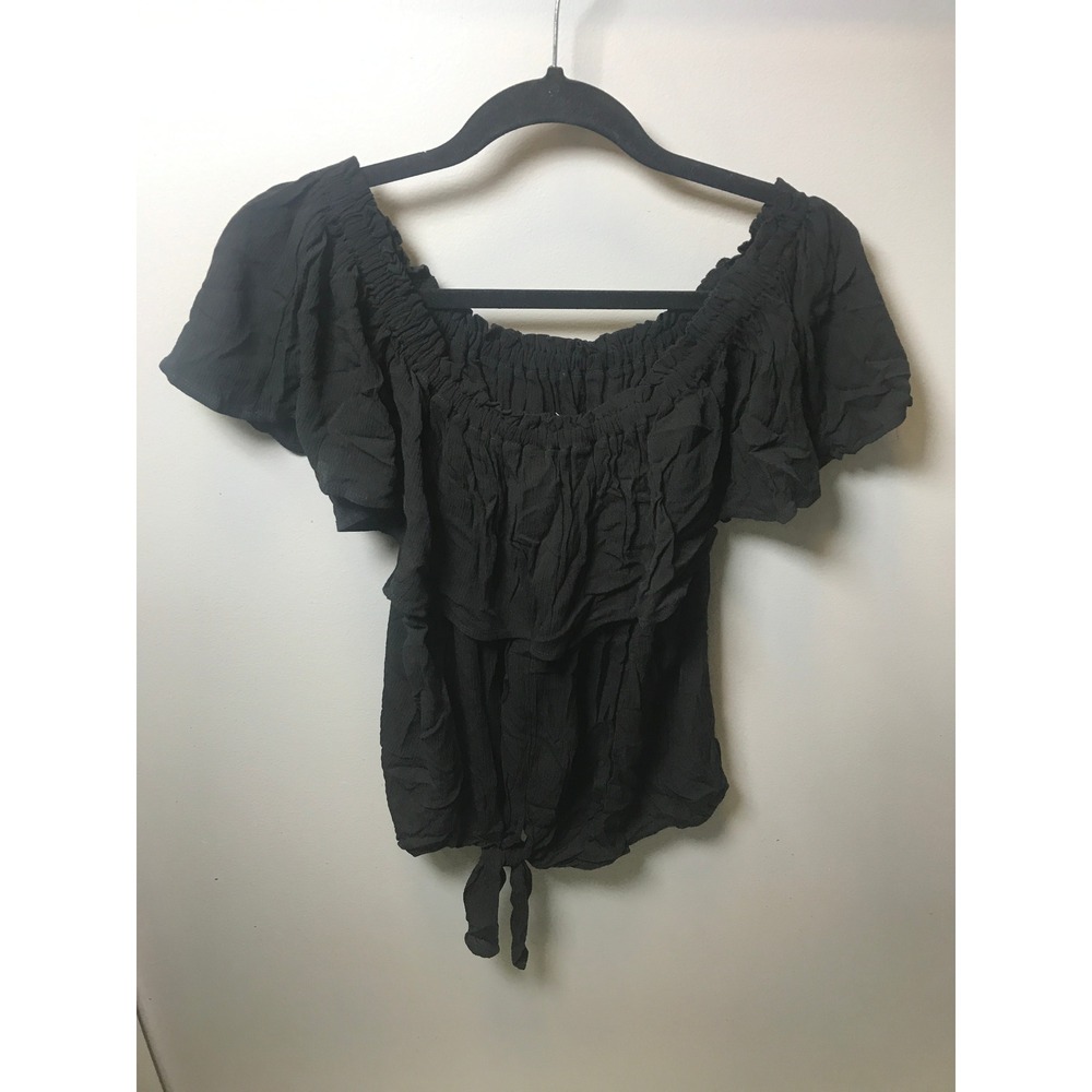 Express Womens Black Off The Shoulder Tie Front Ruffle Peasant Blouse NWT